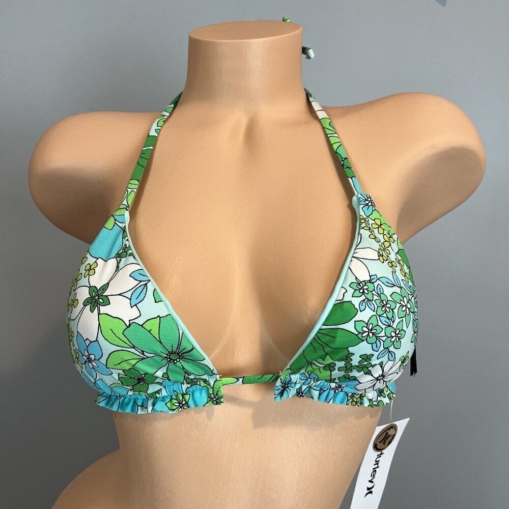 Hurley Wild Bloom Reversible Triangle Bikini Top Size Medium Green Blue NWT